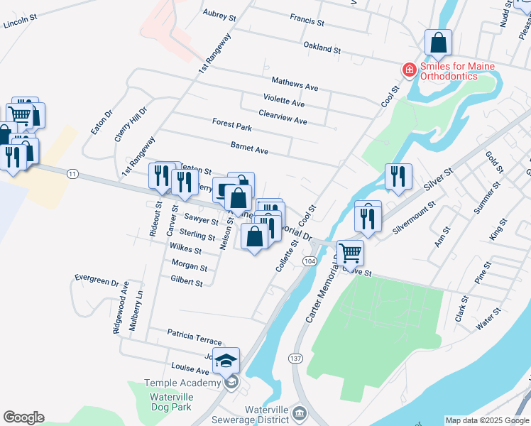 map of restaurants, bars, coffee shops, grocery stores, and more near 37 Kennedy Memorial Drive in Waterville