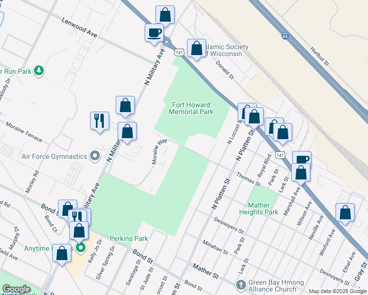 map of restaurants, bars, coffee shops, grocery stores, and more near 1140 Moraine Way in Green Bay