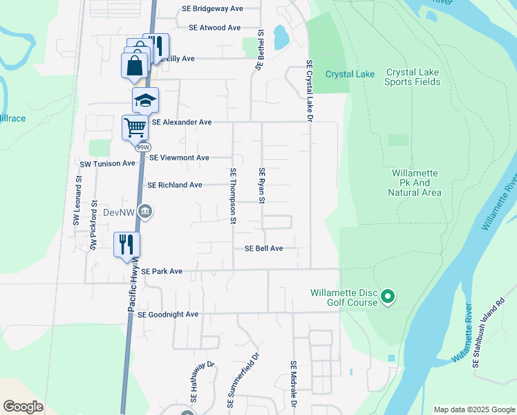 map of restaurants, bars, coffee shops, grocery stores, and more near 2516 Southeast Ryan Street in Corvallis