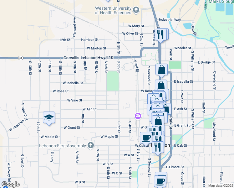 map of restaurants, bars, coffee shops, grocery stores, and more near 492 South 5th Street in Lebanon