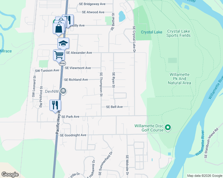 map of restaurants, bars, coffee shops, grocery stores, and more near 2554 Southeast Ryan Street in Corvallis
