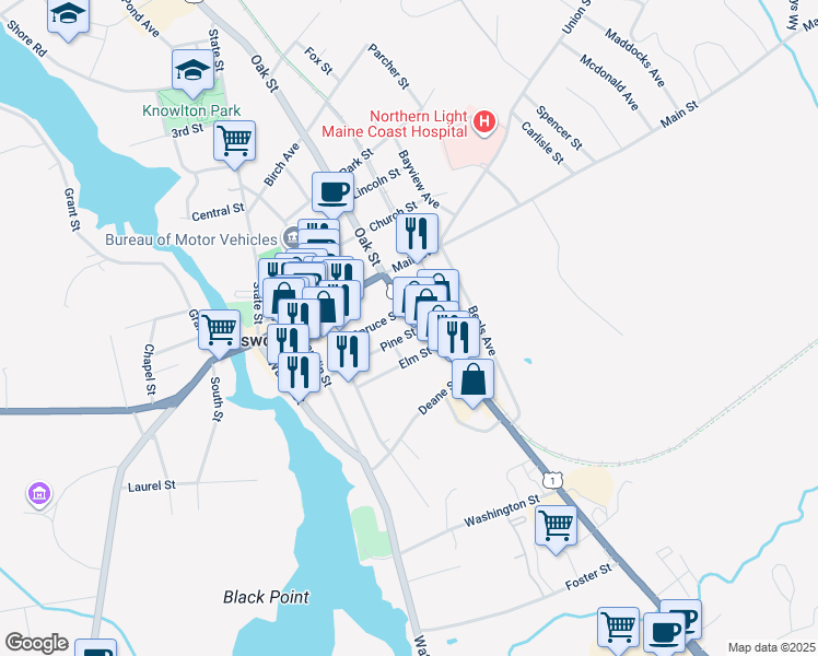 map of restaurants, bars, coffee shops, grocery stores, and more near 57 Pine Street in Ellsworth