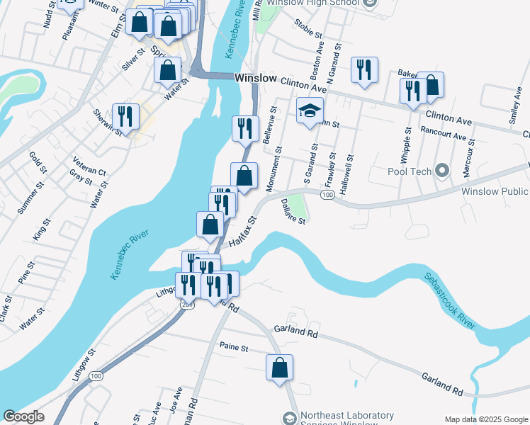 map of restaurants, bars, coffee shops, grocery stores, and more near 23 Halifax Street in Winslow
