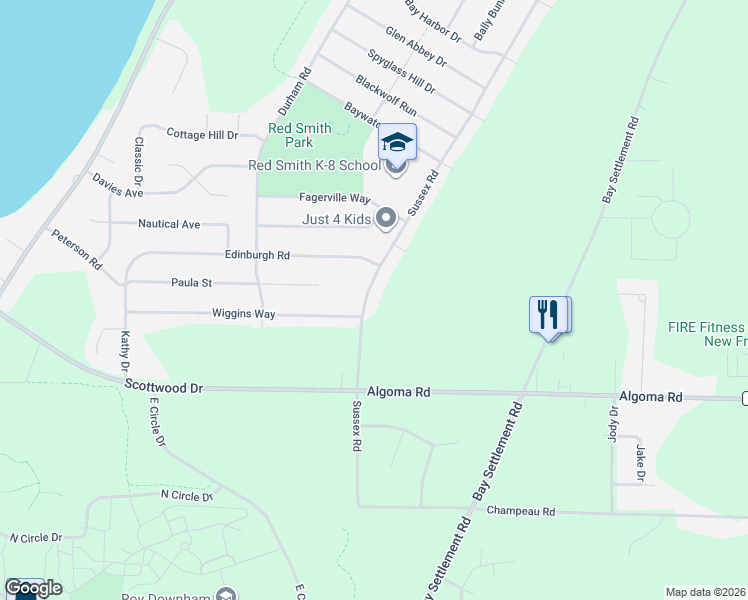 map of restaurants, bars, coffee shops, grocery stores, and more near 2672 Sussex Road in Green Bay