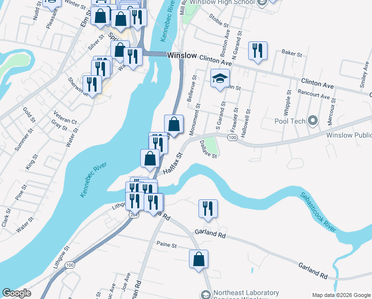 map of restaurants, bars, coffee shops, grocery stores, and more near 23 Halifax Street in Winslow