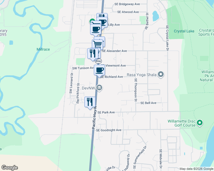 map of restaurants, bars, coffee shops, grocery stores, and more near 2415 Southeast 3rd Street in Corvallis