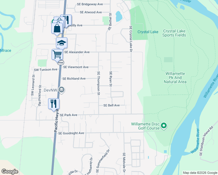 map of restaurants, bars, coffee shops, grocery stores, and more near 2554 Southeast Ryan Street in Corvallis