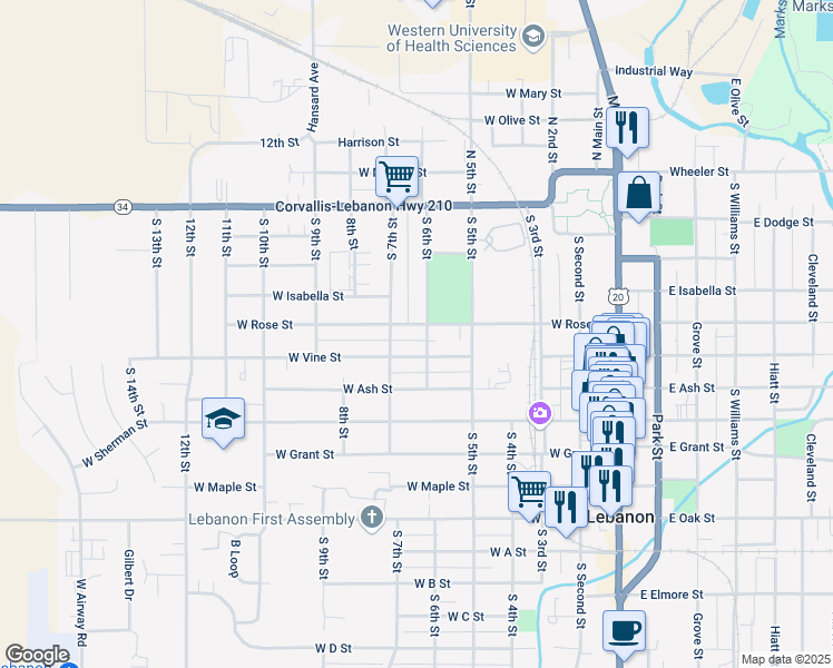 map of restaurants, bars, coffee shops, grocery stores, and more near 511 West Vine Street in Lebanon