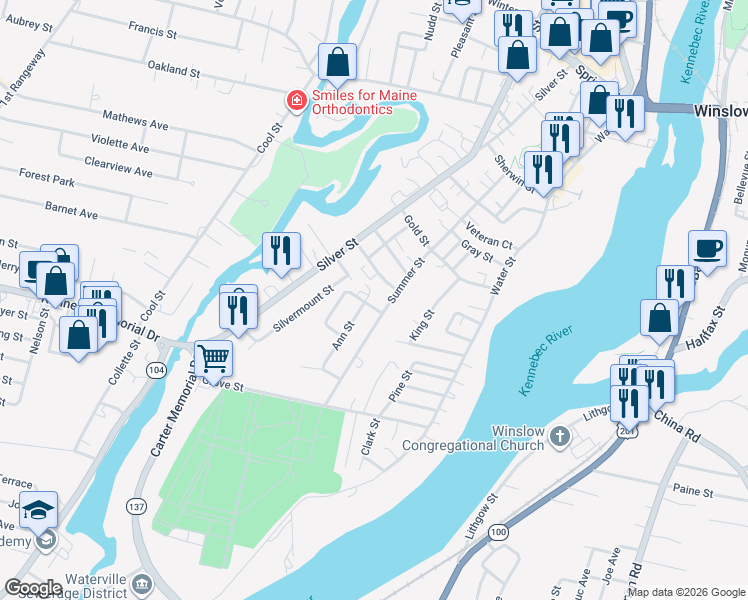 map of restaurants, bars, coffee shops, grocery stores, and more near 67 Summer Street in Waterville