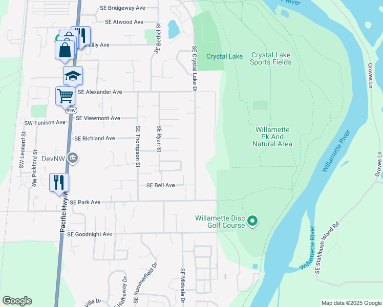 map of restaurants, bars, coffee shops, grocery stores, and more near 2575 Southeast Currier Street in Corvallis