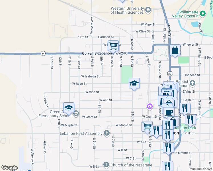 map of restaurants, bars, coffee shops, grocery stores, and more near 610 West Rose Street in Lebanon