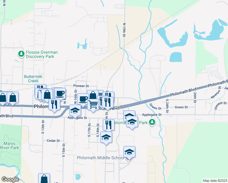 map of restaurants, bars, coffee shops, grocery stores, and more near 1908 College Street in Philomath