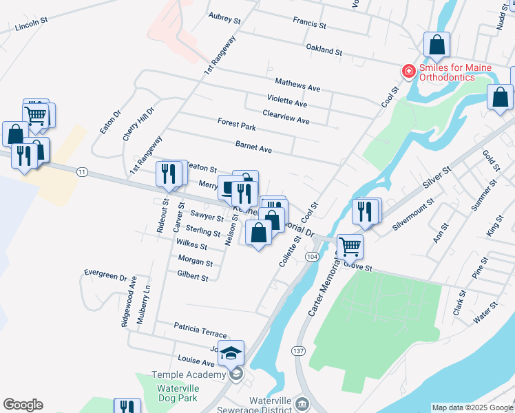 map of restaurants, bars, coffee shops, grocery stores, and more near 37 Kennedy Memorial Drive in Waterville