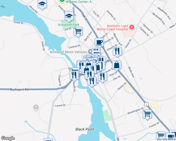 map of restaurants, bars, coffee shops, grocery stores, and more near 93 Main Street in Ellsworth
