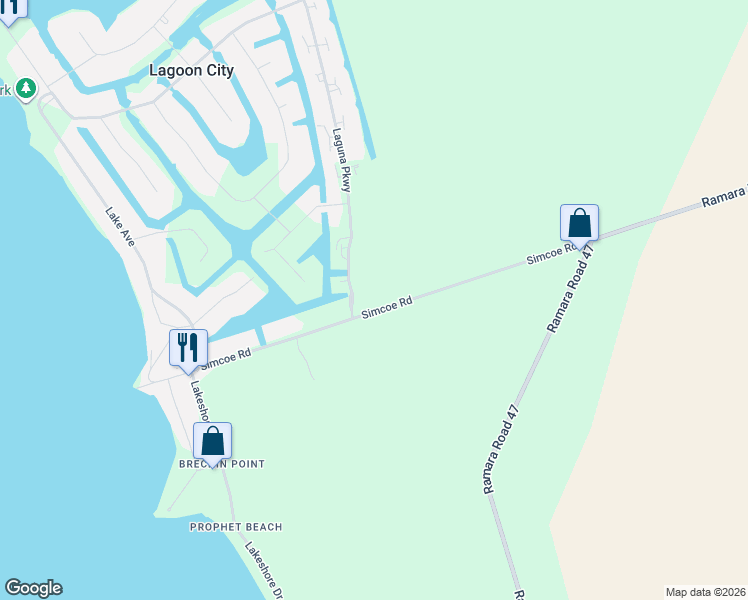 map of restaurants, bars, coffee shops, grocery stores, and more near 94 Simcoe Road in Ramara