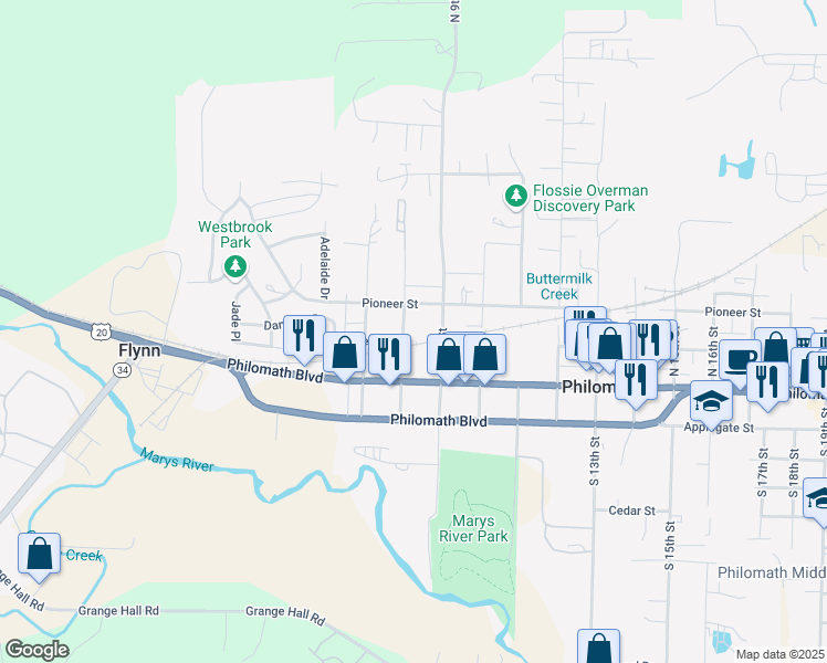map of restaurants, bars, coffee shops, grocery stores, and more near 225 North 8th Street in Philomath