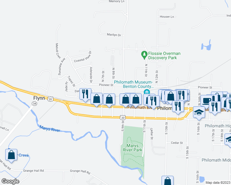 map of restaurants, bars, coffee shops, grocery stores, and more near 225 North 8th Street in Philomath