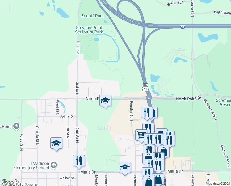 map of restaurants, bars, coffee shops, grocery stores, and more near 1266 North Point Drive in Stevens Point
