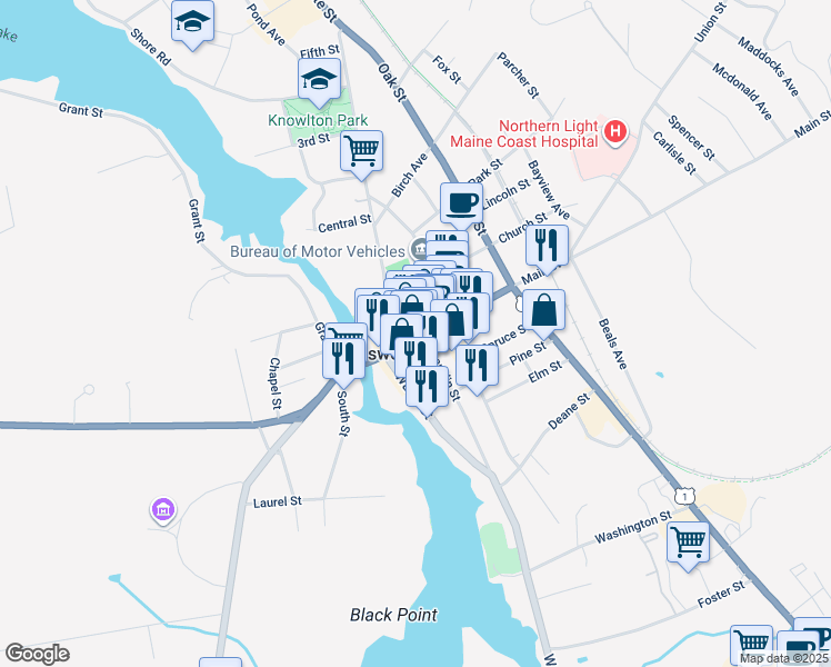 map of restaurants, bars, coffee shops, grocery stores, and more near 93 Main Street in Ellsworth