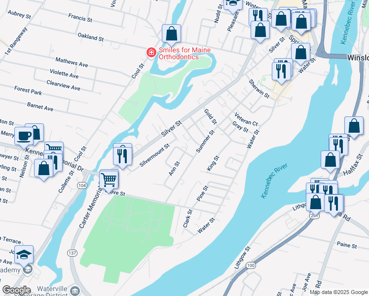 map of restaurants, bars, coffee shops, grocery stores, and more near 67 Summer Street in Waterville