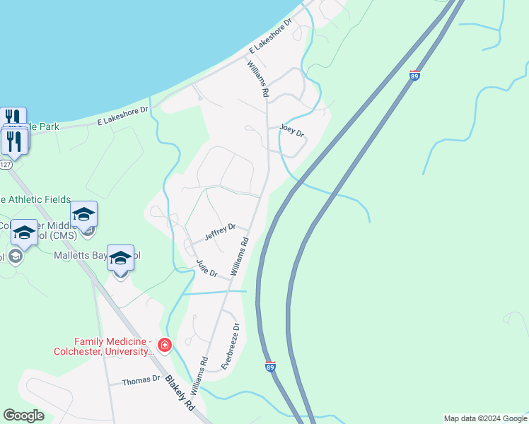 map of restaurants, bars, coffee shops, grocery stores, and more near 574 Williams Road in Colchester