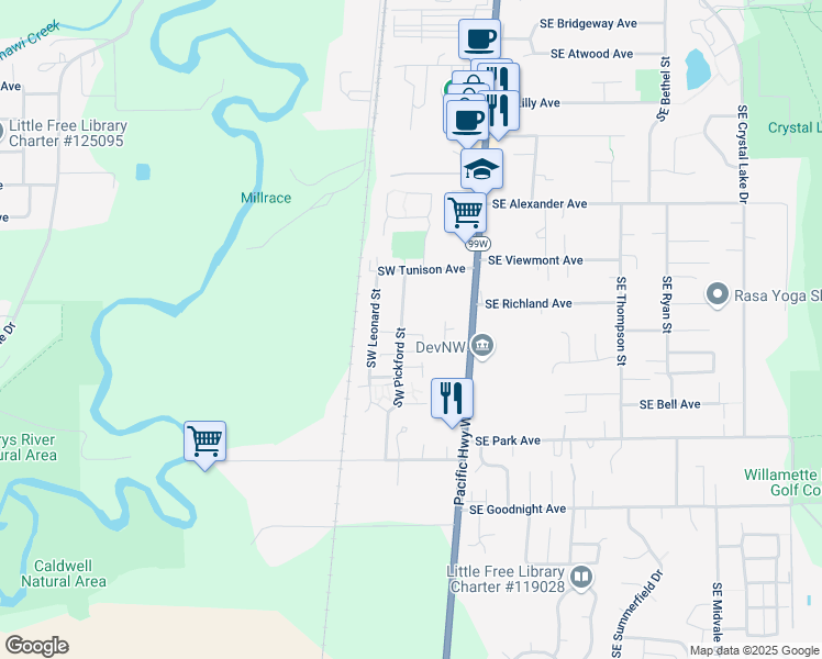 map of restaurants, bars, coffee shops, grocery stores, and more near 2473 Southwest Pickford Street in Corvallis
