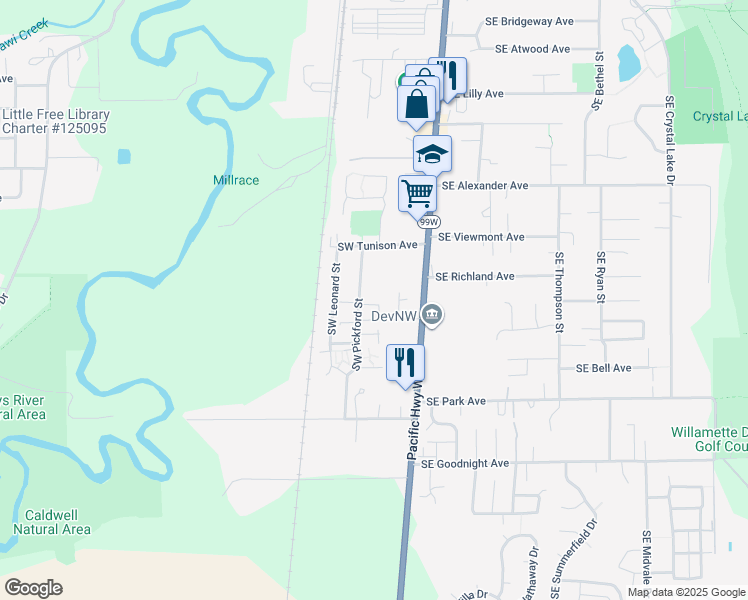 map of restaurants, bars, coffee shops, grocery stores, and more near 2479 Southwest Pickford Street in Corvallis