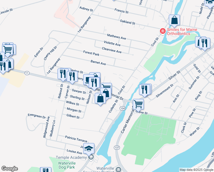 map of restaurants, bars, coffee shops, grocery stores, and more near 5 Salem Street in Waterville