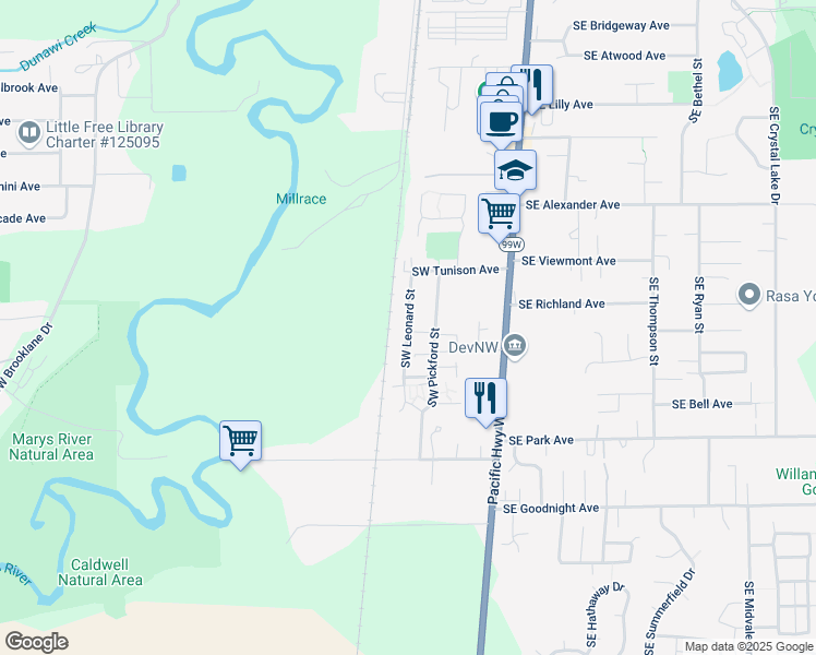 map of restaurants, bars, coffee shops, grocery stores, and more near 2415 Southwest Leonard Street in Corvallis