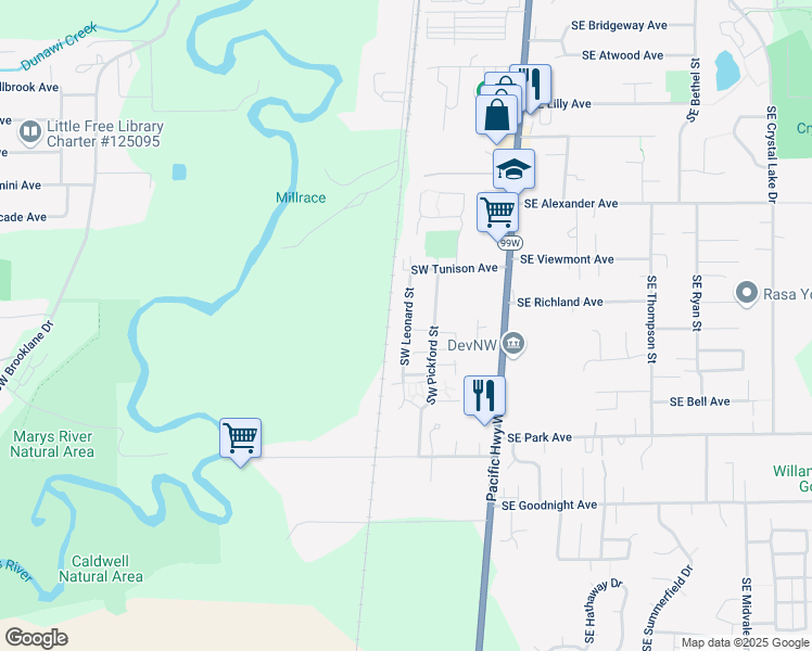 map of restaurants, bars, coffee shops, grocery stores, and more near 2415 Southwest Leonard Street in Corvallis