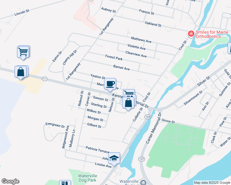 map of restaurants, bars, coffee shops, grocery stores, and more near 2 Lowell Street in Waterville