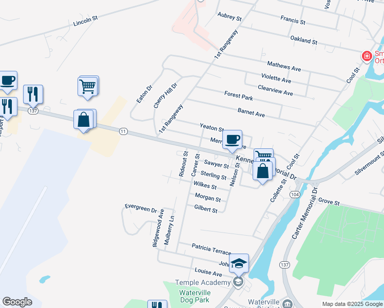 map of restaurants, bars, coffee shops, grocery stores, and more near 155 Kennedy Memorial Drive in Waterville