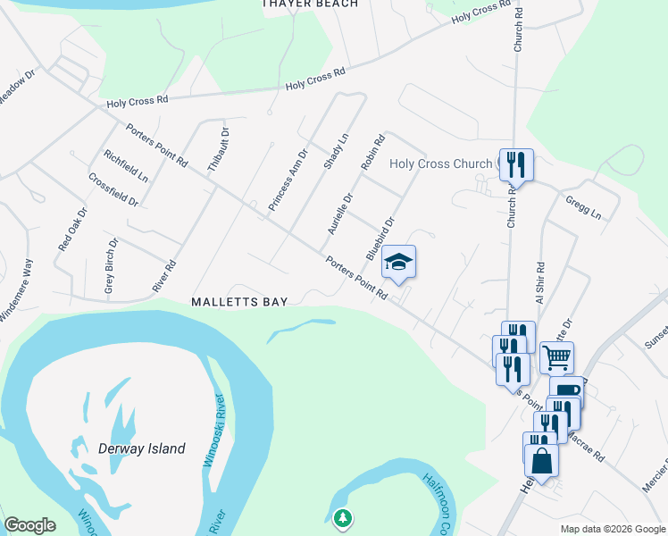 map of restaurants, bars, coffee shops, grocery stores, and more near 42 Aurielle Drive in Colchester
