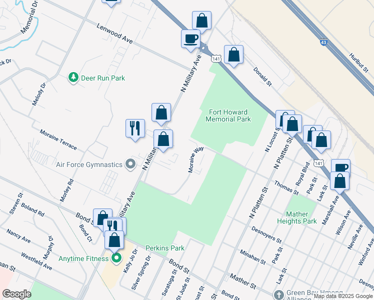 map of restaurants, bars, coffee shops, grocery stores, and more near 1131 Moraine Way in Green Bay