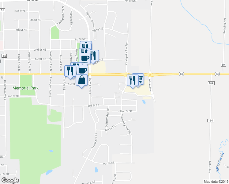 map of restaurants, bars, coffee shops, grocery stores, and more near 1107 Horizon Drive Southeast in New Prague