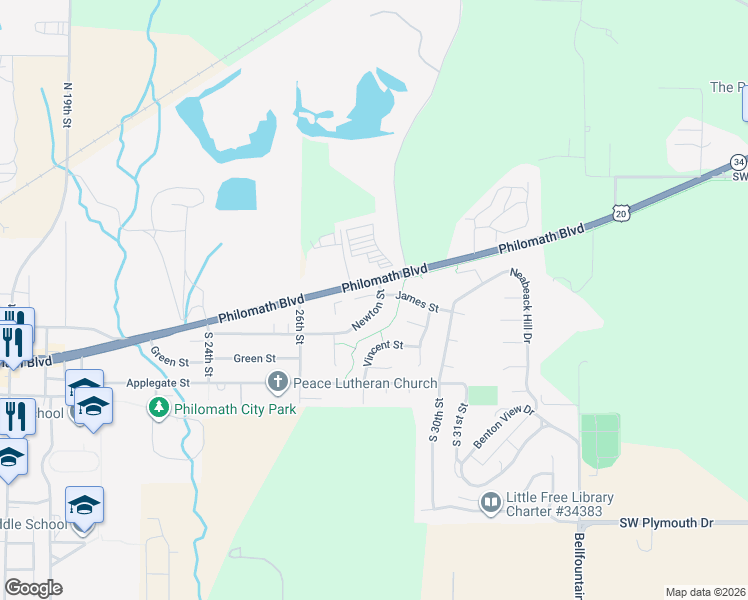 map of restaurants, bars, coffee shops, grocery stores, and more near 2888 Newton Place in Philomath