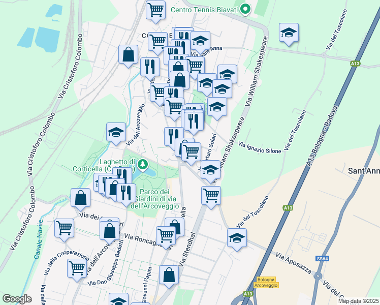 map of restaurants, bars, coffee shops, grocery stores, and more near 6 Via Raffaele Pettazzoni in Bologna