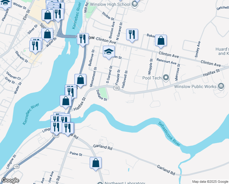 map of restaurants, bars, coffee shops, grocery stores, and more near 22 Frawley Street in Winslow