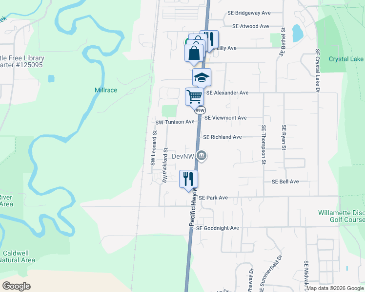 map of restaurants, bars, coffee shops, grocery stores, and more near 2420 Southwest 3rd Street in Corvallis