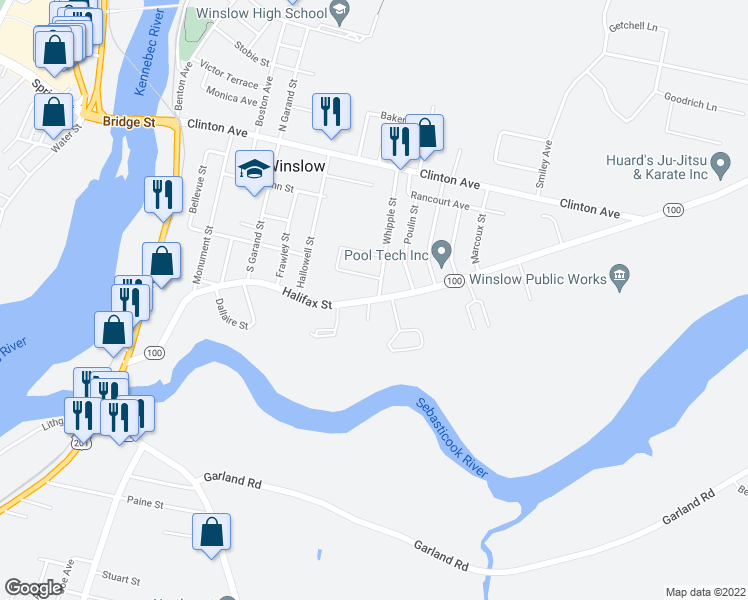 map of restaurants, bars, coffee shops, grocery stores, and more near 88 Highway 100 Alternate in Winslow