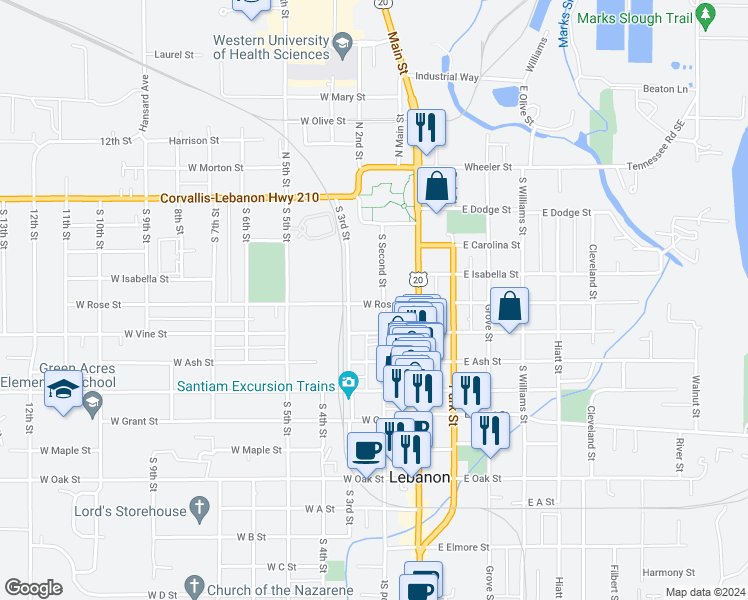 map of restaurants, bars, coffee shops, grocery stores, and more near 313 South Second Street in Lebanon