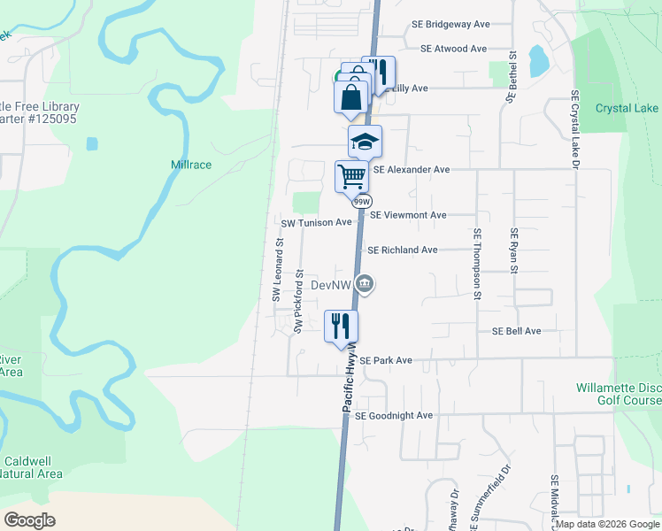 map of restaurants, bars, coffee shops, grocery stores, and more near 2420 Southwest 3rd Street in Corvallis