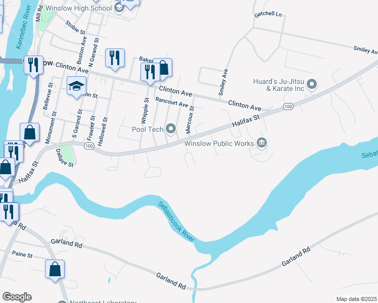 map of restaurants, bars, coffee shops, grocery stores, and more near 113 Halifax Street in Winslow