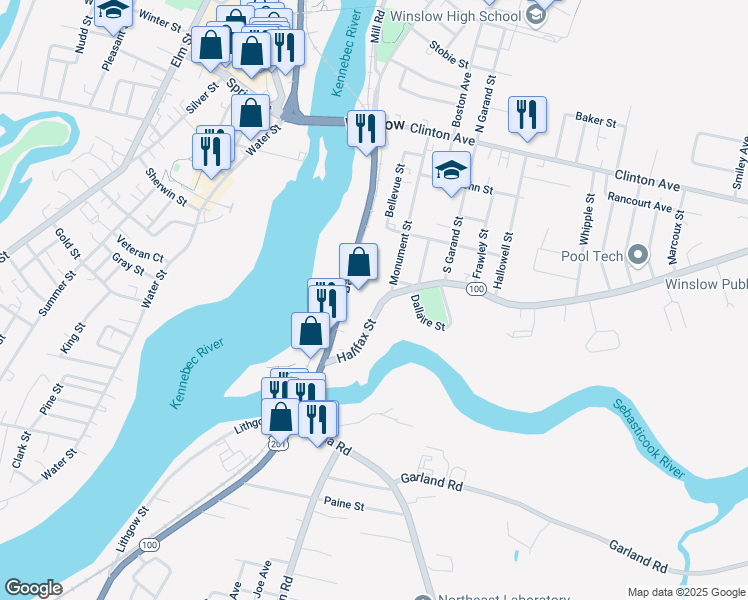 map of restaurants, bars, coffee shops, grocery stores, and more near 46 Bay Street in Winslow