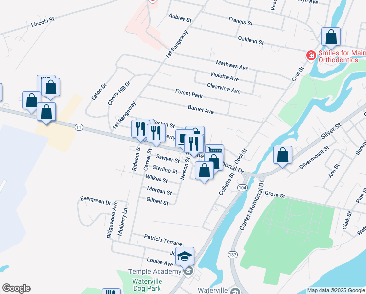map of restaurants, bars, coffee shops, grocery stores, and more near 75 Merryfield Avenue in Waterville