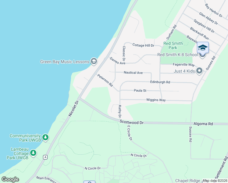 map of restaurants, bars, coffee shops, grocery stores, and more near 3283 Peterson Road in Green Bay