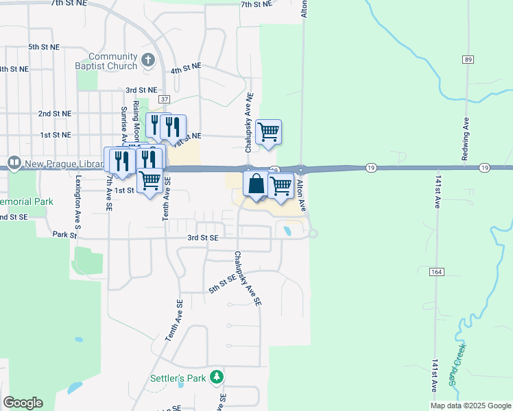 map of restaurants, bars, coffee shops, grocery stores, and more near 215 Chalupsky Avenue Southeast in New Prague