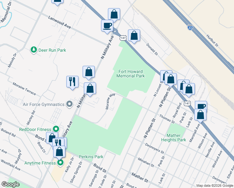 map of restaurants, bars, coffee shops, grocery stores, and more near 1112 Moraine Way in Green Bay