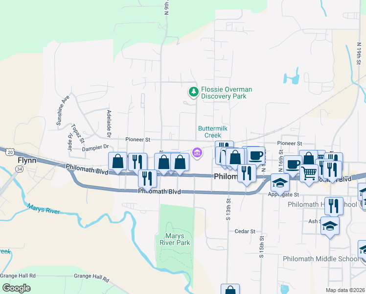 map of restaurants, bars, coffee shops, grocery stores, and more near 231 North 10th Street in Philomath