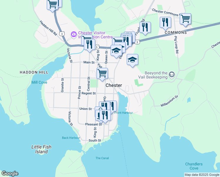 map of restaurants, bars, coffee shops, grocery stores, and more near 121 Duke Street in Chester
